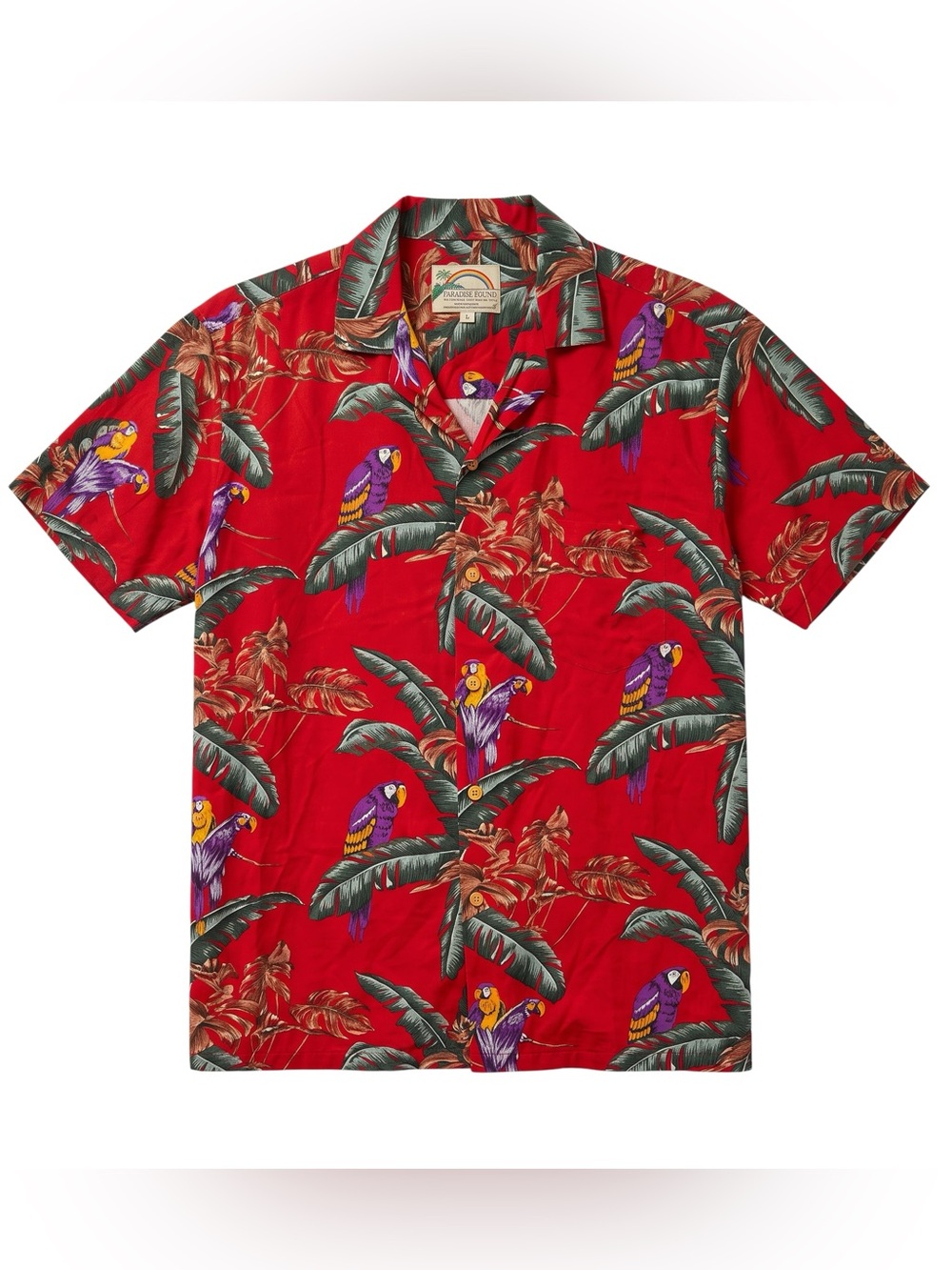 Paradise Found Hawaiian Shirt Men’s S Red Rayon Wood Buttons Made in Hawaii Tiki